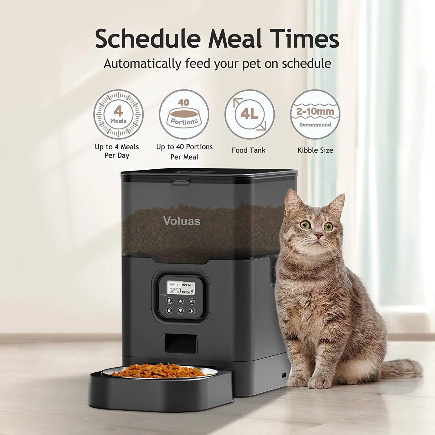 Cat Dry Food Dispenser with Timer, Automatic Cat Feeders with Desiccant Bag, Programmable Portion Size Control 4 Meals per Day, 10S Voice Recorder